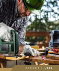 Man using jigsaw wearing 12 Pairs Extra Large Heavy Duty Cowhide Leather Work Gloves For Driving, Warehouse, Gardening And Farming.