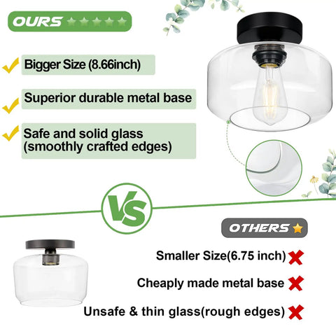 Comparison of Industrial Dope Semi Flush Mount Ceiling Light in matte black, showcasing superior size, durable base, and smooth glass.