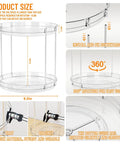 Product size diagram of Totally Slick No Hassle 360 Spin Vanity Organizer Two Tier Clear Acrylic Rotating Storage dimensions.