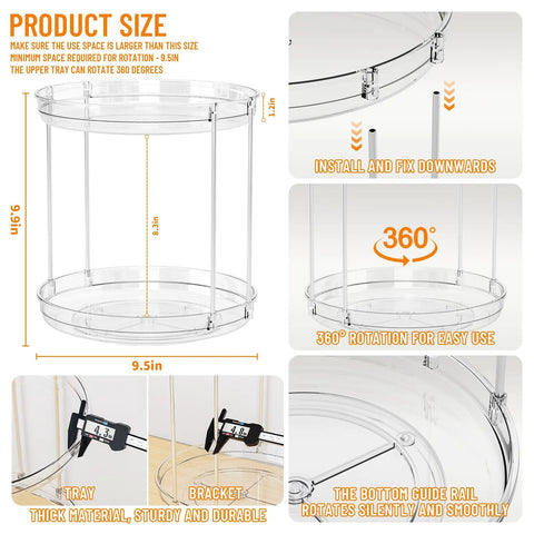 Product size diagram of Totally Slick No Hassle 360 Spin Vanity Organizer Two Tier Clear Acrylic Rotating Storage dimensions.
