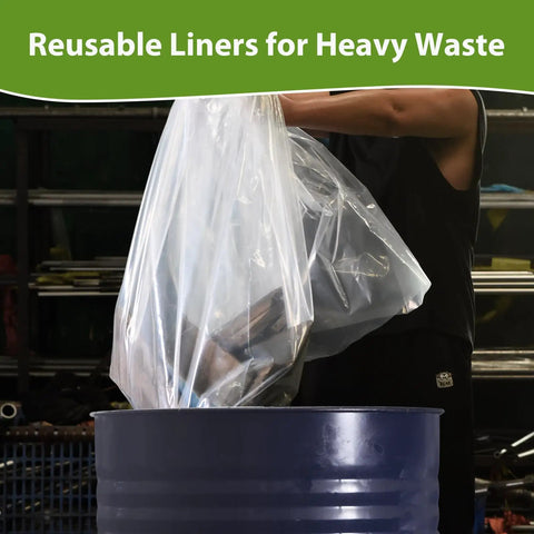 Person holding clear plastic dust collector bag over a blue drum, labeled 'Reusable Liners for Heavy Waste'
