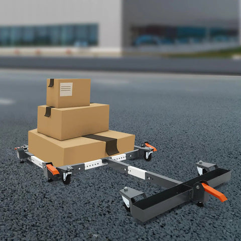 Heavy Duty Fully Adjustable Mobile Base Kit With Universal Steel Caster Wheels For Moving Shop Tools Machinery Rack Gear Server Setup Up To 600 Lb, loaded with cardboard boxes.