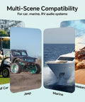 Golf cart, jeep, boat, and motorcycle showing use cases for Marine Bluetooth Audio Receiver For Any Amp With RCA Outputs And 5.0 Tech