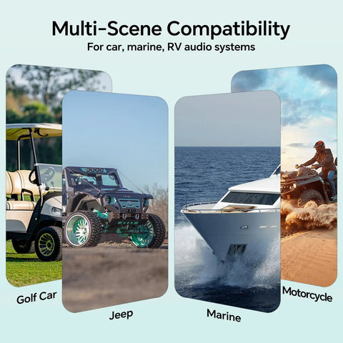 Golf cart, jeep, boat, and motorcycle showing use cases for Marine Bluetooth Audio Receiver For Any Amp With RCA Outputs And 5.0 Tech