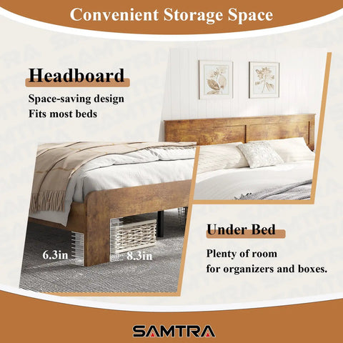 Rustic King Size Wooden Platform Bed Frame With Tall Headboard Open Horizontal Bar Design Natural Wood Grain Farmhouse Bedroom Foundation Built Different For Total Sleep Vibes with space-saving headboard and under-bed storage.