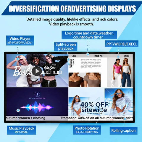 Sleek Wall Mounted Digital Signage Display With Smart Split Screen Controls And Punchy 1080p Hd Imagery Made For Retail Stores Lobbies Or Gyms showcasing promotional content in split-screen layout.