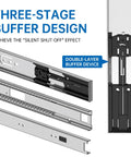 22 Inch Heavy Duty Soft Close Drawer Slides With Full Extension Ball Bearing Design, 200 Lb Capacity, Cold Rolled Steel, Black Finish, Quiet Hydraulic Damping For Ultra Smooth Closing, Built Tough Cabinet Hardware Pair showing three-stage buffer design and double-layer buffer device.
