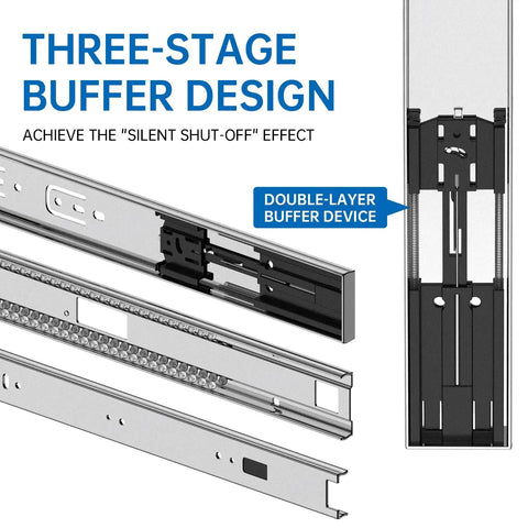 22 Inch Heavy Duty Soft Close Drawer Slides With Full Extension Ball Bearing Design, 200 Lb Capacity, Cold Rolled Steel, Black Finish, Quiet Hydraulic Damping For Ultra Smooth Closing, Built Tough Cabinet Hardware Pair showing three-stage buffer design and double-layer buffer device.