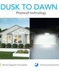 Ultra Bright Outdoor Motion Sensor Flood Light illuminating garage with dusk to dawn photocell technology, 3700 Lumen