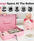 Open pink 8 inch cash box with money tray for valuables sturdy heavy duty metal safe lock box with key, cash inside