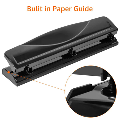 Three Hole Punch For Office And Home Use No Fuss Ten Sheets Puncher with built-in paper guide and black finish