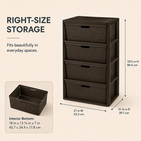 Wide 4 Drawer Plastic Storage Tower With Smooth Glide Removable Bins, Brown Cross Weave Decorative Organizer A Total Game Changer For Bedroom Closet Decluttering And Home Tidy Up