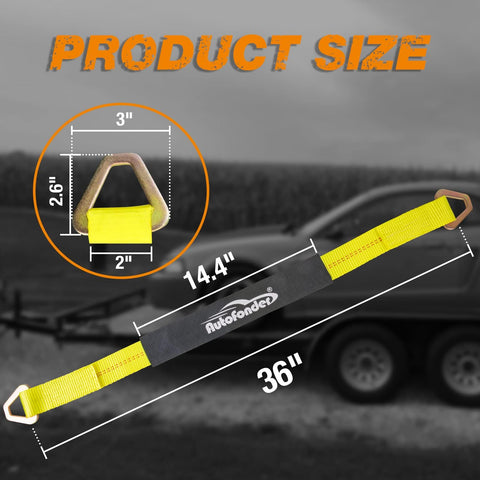 Image showing size dimensions of a 4 Pack 2 Inch By 36 Inch Premium Axle Straps With D Ring Adjustable Tire And Wheel Tie Downs.