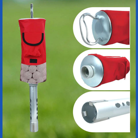Portable Golf Ball Retriever Shag Bag Kit With Detachable Aluminum Tube And Handle Holds Up To 80 Balls, Black and Red Design