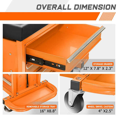 Heavy Duty 3 Drawer Tool Chest With Rolling Mechanic Seat And Built In Tool Trays 350 Lbs Weight Capacity Orange Finish dimensions