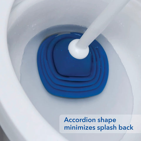 Top Shelf Toilet Plunger With No Drip Carrying Caddy And Suction Lock Seal That Kicks Gnarly Drain Clogs Swift While Preserving Your Restroom From Messy Splash Back During Routine Home Care Tasks in blue, shown minimizing splash back.