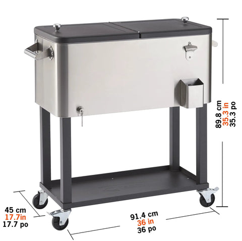 Stainless Steel Beverage Cooler On Wheels With Protective Cover, Rolling Cart With Shelf, 80 Quart Capacity, side view with dimensions.