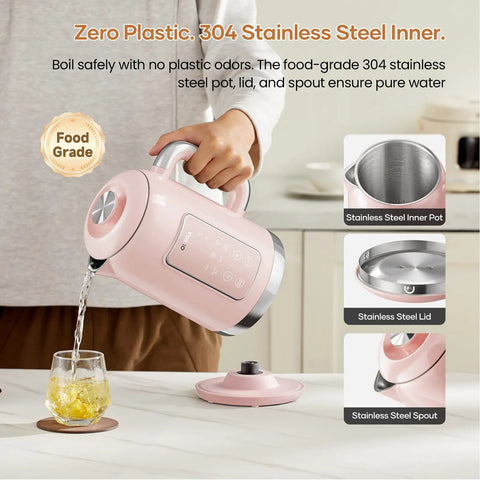 1.5L Stainless Steel Smart Electric Kettle With Temperature Control, Six Precise Presets, 1200W Fast Boil, Pink Finish