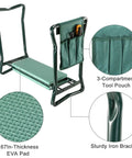 Foldable Garden Kneeler Seat With Soft Cushion Pad And Tool Pouch Portable Gardener Kneeling Bench That Converts To A Sit Stand Stool Heavy Duty Iron Frame Supports Up To 330 Lbs For Planting Weeding And Maintenance shown with EVA pad and tool pouch.