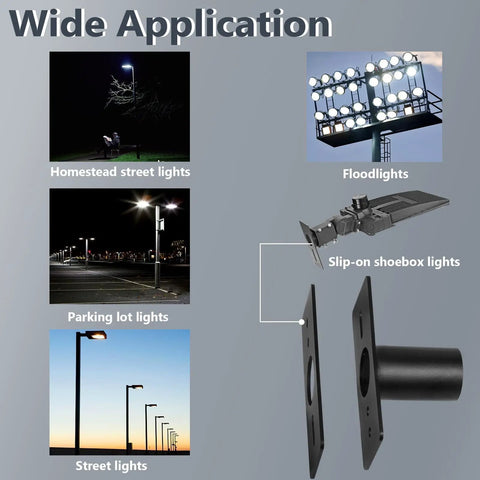 Slip Fitter Adapter For 2 3 Eighths Inch Light Fixtures Mounting Bracket Outdoor Flood Light Rainproof Weatherproof Adapter For Parking Lot Lights 10 Pack Durable Easy Install Weather Resistant shown with light applications like parking lot and street lights.