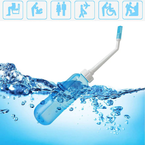 Big Capacity Portable Bidet Bottle With Retractable Nozzle 560 Ml 18 Oz floating in water, blue with six-inch nozzle.