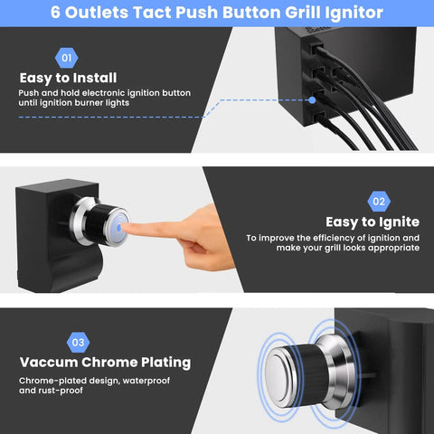 Universal 6 Outlet Push Button Grill Ignitor With Spark Generator for easy installation and ignition, chrome-plated finish close-up.