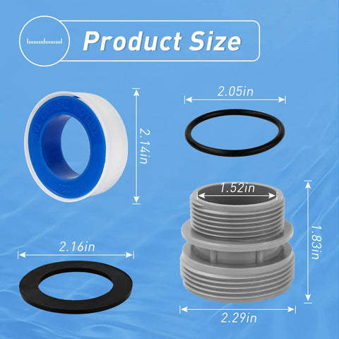 Components of 40mm to 1-1/2 Inch Hose Conversion Kit For Intex Coleman Above Ground Pools with size dimensions labeled.