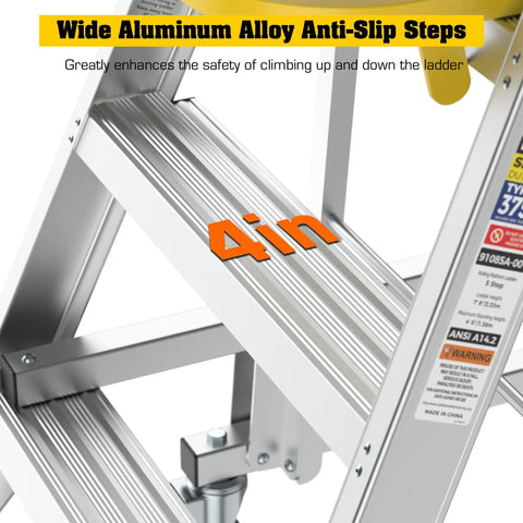 Heavy Duty Four Step Aluminum Rolling Platform Ladder Built Like A Tank For Warehouse Tasks Featuring Smooth Gliding Wheels And Super Grippy Nonskid Steps Rated For A Rock Solid Three Hundred Seventy Five Pound Load