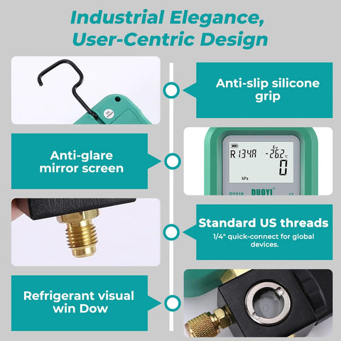 Front view of DUOYI DY519 3-in-1 HVAC digital manifold gauge with green body, anti-slip silicone grip, and mirror screen