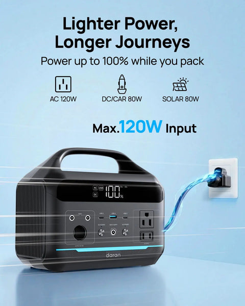 Portable Power Station 600W With 80W Solar Panel 288Wh LiFePO4 Battery charging through wall outlet