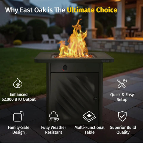 Powerful 52,000 BTU Outdoor Propane Fire Pit Table For Patio And Backyard with flames on stone patio at night