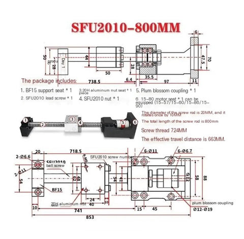 SFU2010 800mm ball screw assembly diagram with BF15 support seat and motor coupling for CNC linear motion