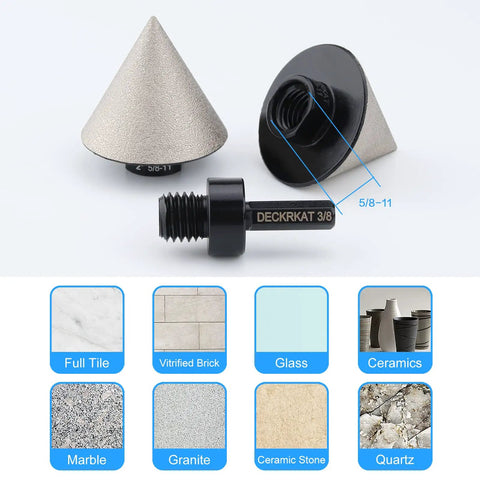 Pro Grade Two Inch Diamond Beveling Chamfer Bit For Porcelain Ceramic Granite Tiles Five Eighths Eleven Thread To Three Eighths Hex Shank Adapter Countersink Drill Bit Enlarge Trim And Shape Holes showing components and material compatibility