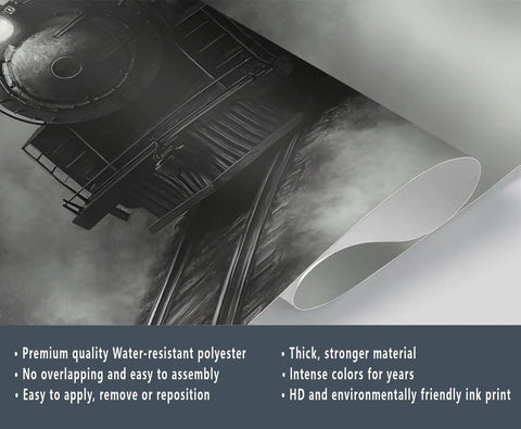Close-up of Retro Steam Train Mural 59 By 41 Inch Silk Cloth Wall Art showing vintage locomotive and rolled edge detail