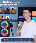 Karaoke Party Bluetooth Speaker With Dual Wireless Microphones Party Ready Floorstanding System With Lights TWS Pairing USB AUX And TF Card Support For Home Parties And Events featuring two microphones and LED lights in use.