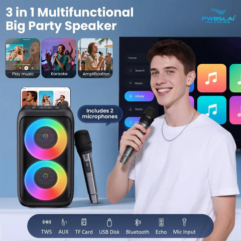 Karaoke Party Bluetooth Speaker With Dual Wireless Microphones Party Ready Floorstanding System With Lights TWS Pairing USB AUX And TF Card Support For Home Parties And Events featuring two microphones and LED lights in use.
