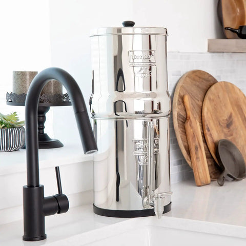 Gravity-Fed Water Filter System With Two High-Capacity Filtration Elements and 7-Inch Stainless Steel Spigot on kitchen countertop
