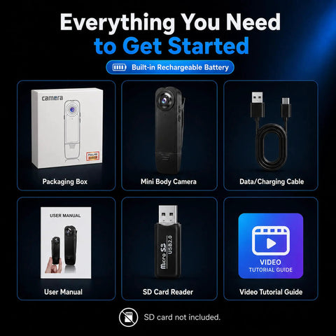 Compact Wearable Body Cam With Straight Up 1080p Hd Clips And Reliable Infrared Night Vision For Security Teams Or Road Warriors Featuring Extended Battery Life And Smooth Loop Recording No Stress At All with accessories including packaging box, user manual, cable, and SD card reader.