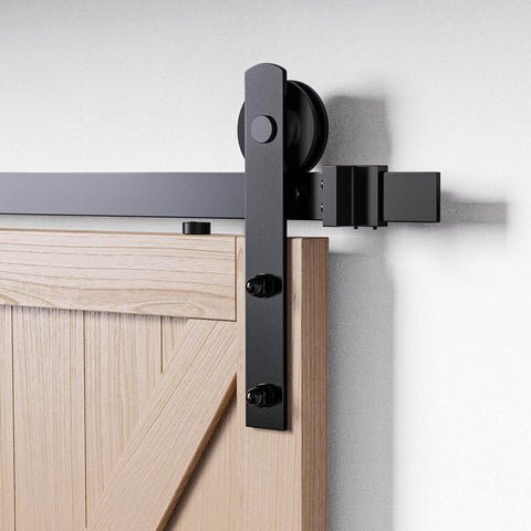 Beefy Sliding Barn Door Hardware Kit For Double Doors Black Finish Eight Foot Rail System With I Shape Hanger