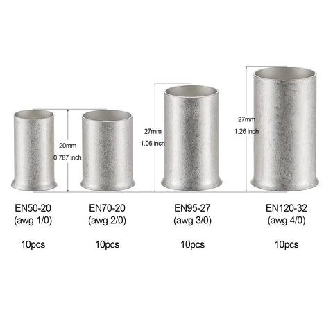 40 Piece Tin Plated Copper Wire Ferrules For One Aught To Four Aught Gauge Cables Non Insulated Crimp Terminals Assortment Kit With Fray Resistant Ends Durable Copper Construction Includes Ten Each Gauge