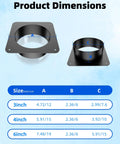 Product dimensions for 4 Inch Duct Connector Flange Metal Dryer Vent Fitting Square To Round Ducting Plate in black.