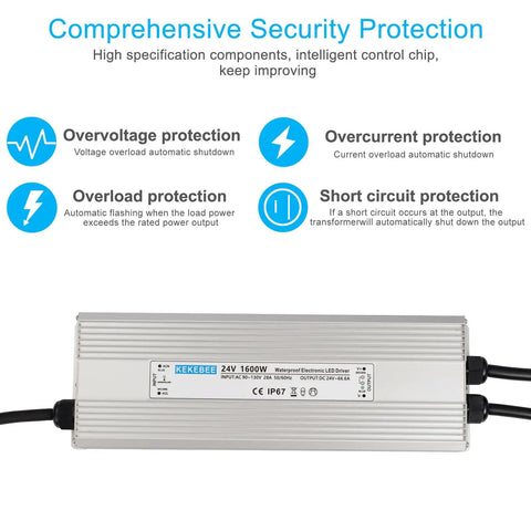 Rugged Waterproof LED Driver 24V 1600W Power Supply IP67 DC Output For Outdoor Lighting, Silent Operation 90 130V AC Input 50 60Hz 91 Percent Efficient LED Power Supply with protection icons