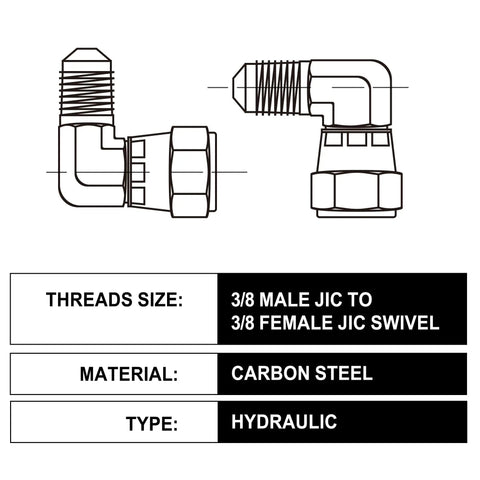 Three Eighth Inch Hydraulic Fittings Swivel Elbow Set At Ninety Degree Go To JIC To JIC Tight Space Routing Pro Grade Durable Build Five Pack For Hydraulics And Equipment, 3/8 JIC swivel elbow, carbon steel