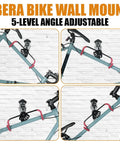 Space Saving Wall Mounted Bike Holder with adjustable frame arm, soft rubber cradles, mounted on a white brick wall.