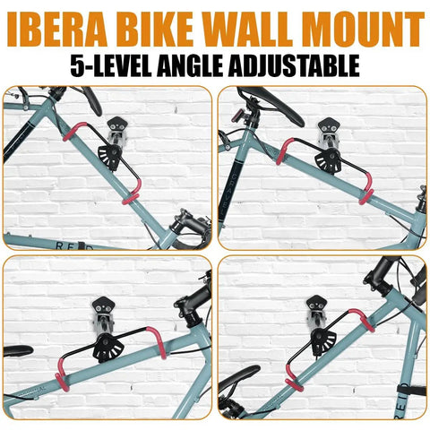 Space Saving Wall Mounted Bike Holder with adjustable frame arm, soft rubber cradles, mounted on a white brick wall.