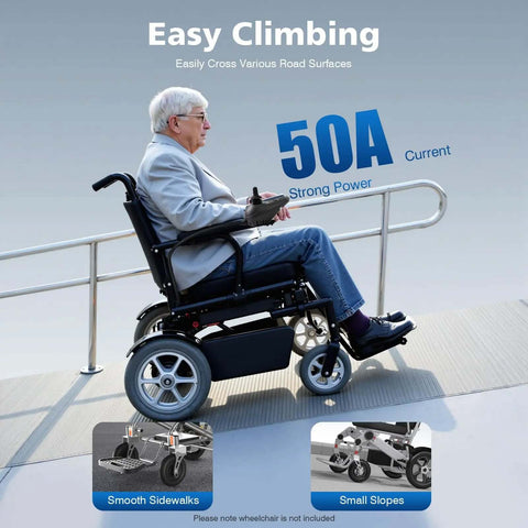 Person using electric wheelchair with 24V DC Wheelchair Joystick Controller with Brake, on a ramp showing 360 Degree Free Steering.