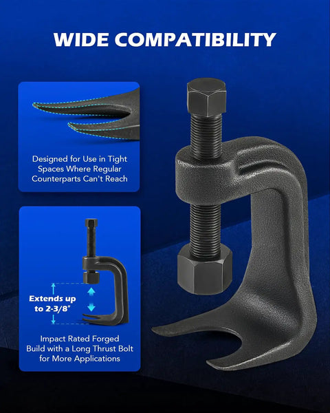 Heavy Duty Ball Joint Separator And Lower Ball Joint Removal Tool for tight spaces, forged steel, extends up to 2-3/8".