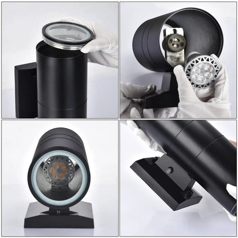Close-up of Dusk To Dawn Outdoor Wall Light With Sensor ETL Listed Aluminum Up Down Cylinder Sconce showing LED bulb installation