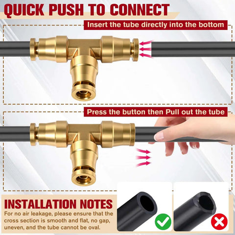 1/4 Inch Quick Push To Connect Brass Union Tee 3 Way Air Line Adapter DOT Approved with assembly instructions shown