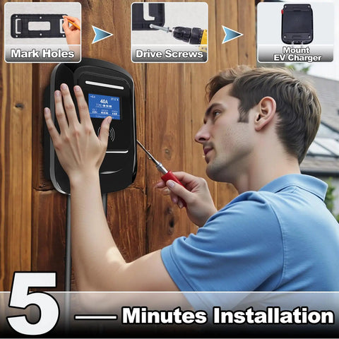Man installing Level Two Electric Vehicle Charger Station Featuring 240V And 40A Wiring on wooden wall.